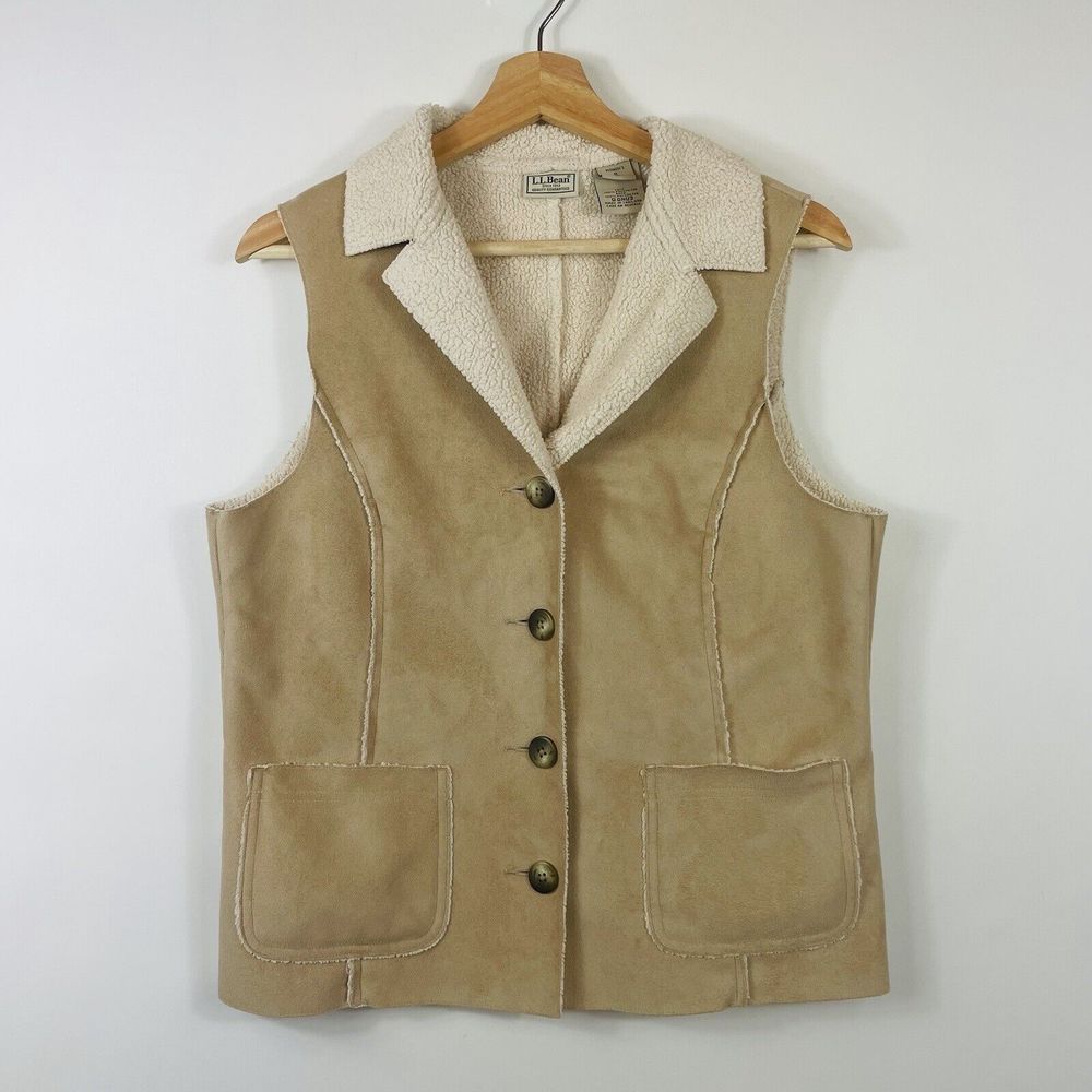 L.L. Bean Vest Womens Small Beige Faux‎ Shearling Synthetic Fleece Boho Moto